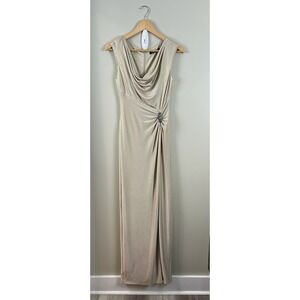 Lauren Ralph Lauren Sz 4 Metallic Champagne Dress Gown Lined Slit Formal Ruched